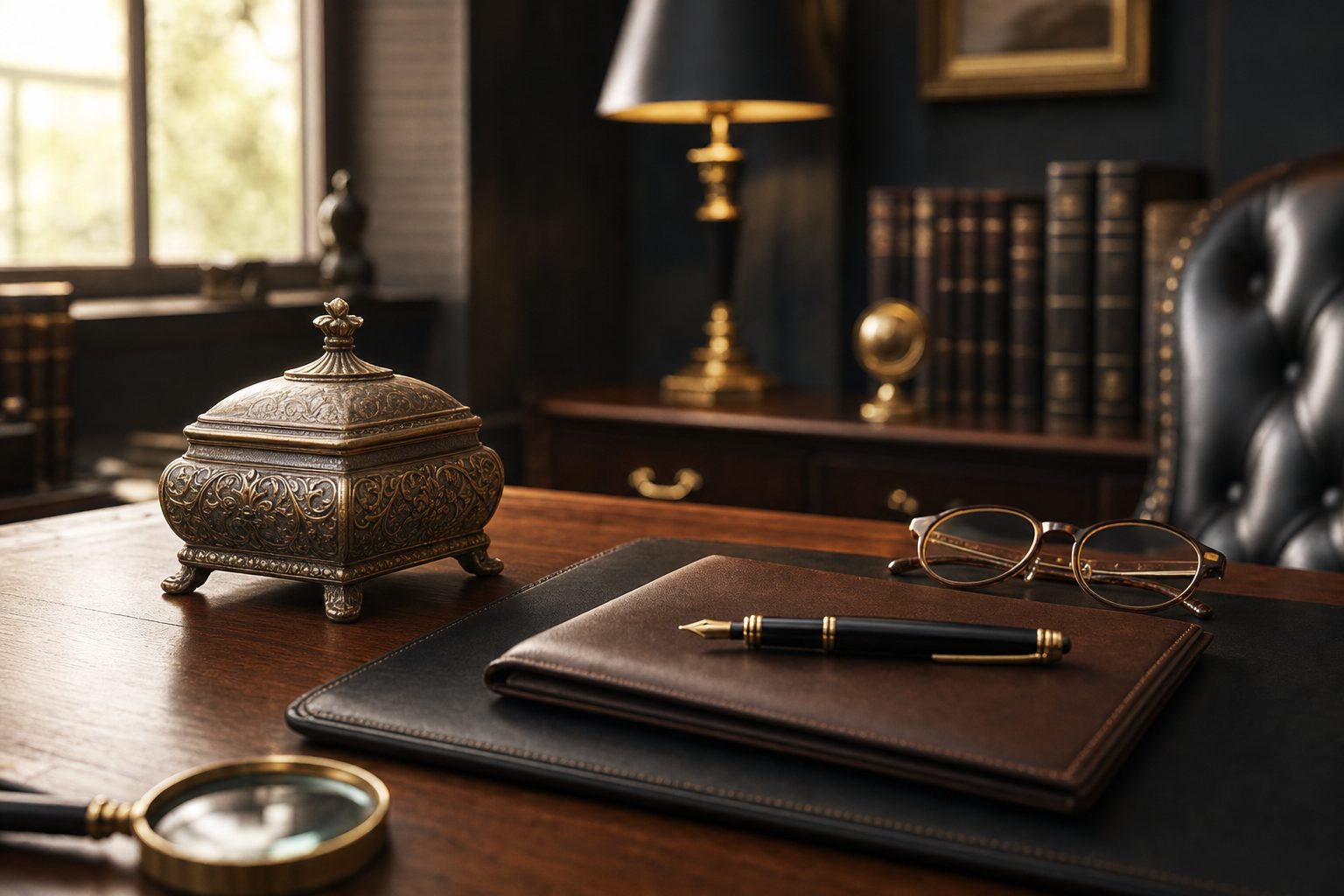 Schreibtisch eines Nachlassverwalters mit Ledermappe, Füller und antikem Wertobjekt