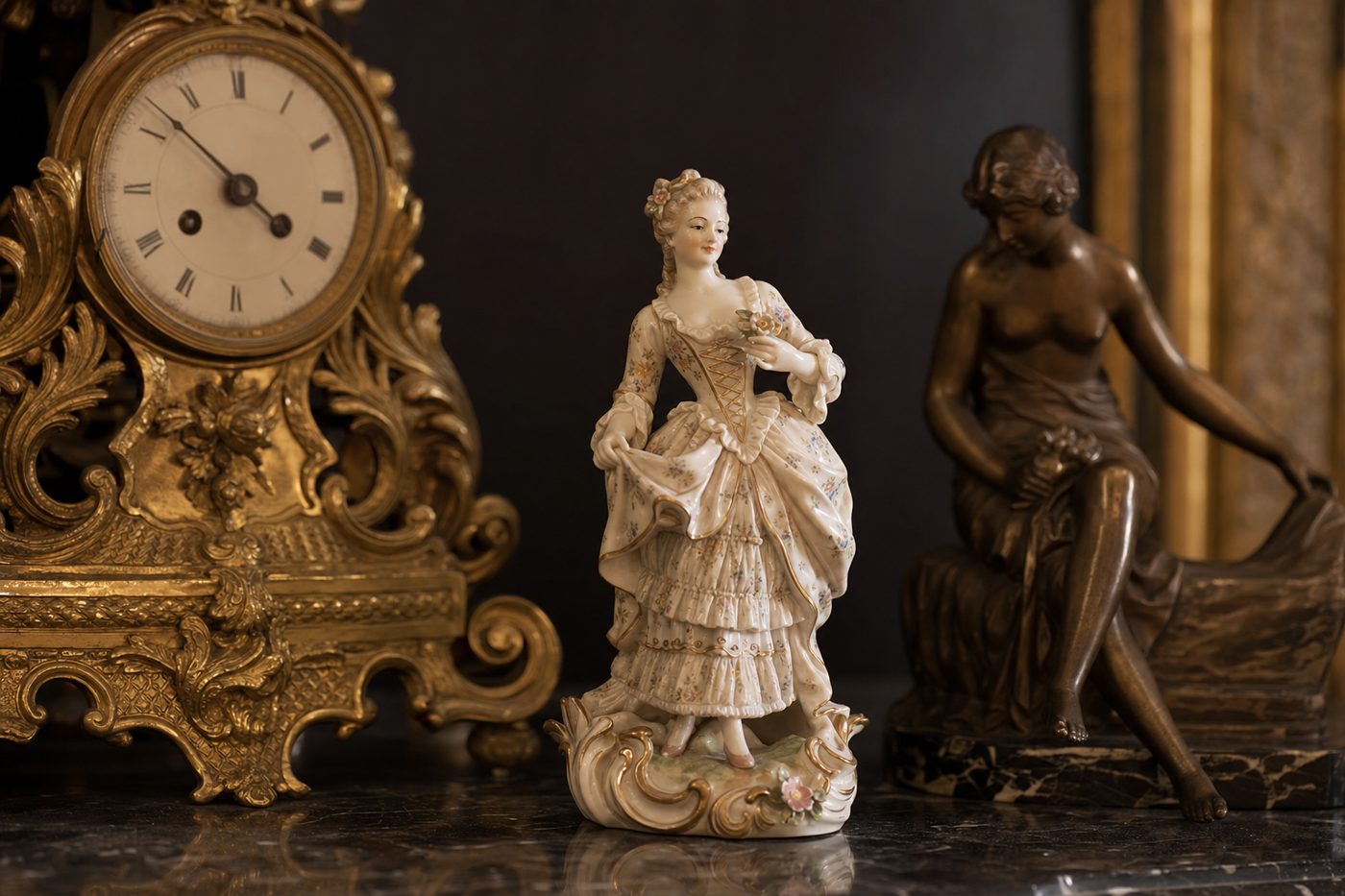 Antike Uhr, Porzellanfigur und Bronze