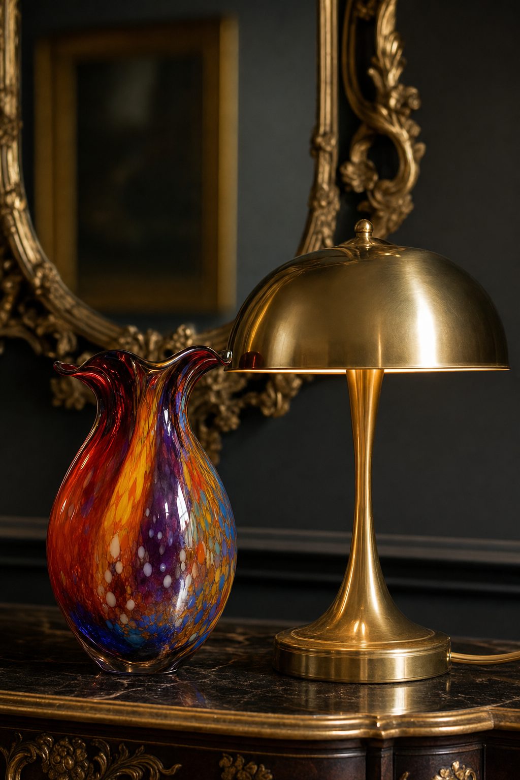 Bunte Murano-Glasvase, Messing-Tischlampe und vergoldeter Spiegel