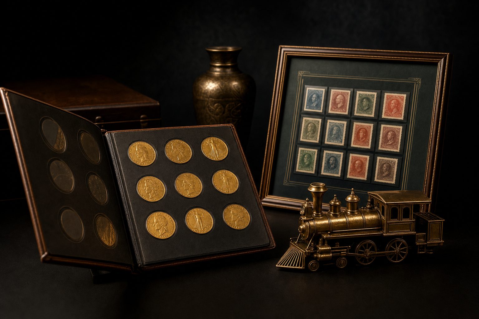 Münzalbum mit Goldmünzen, gerahmte Briefmarkensammlung und Modelllokomotive