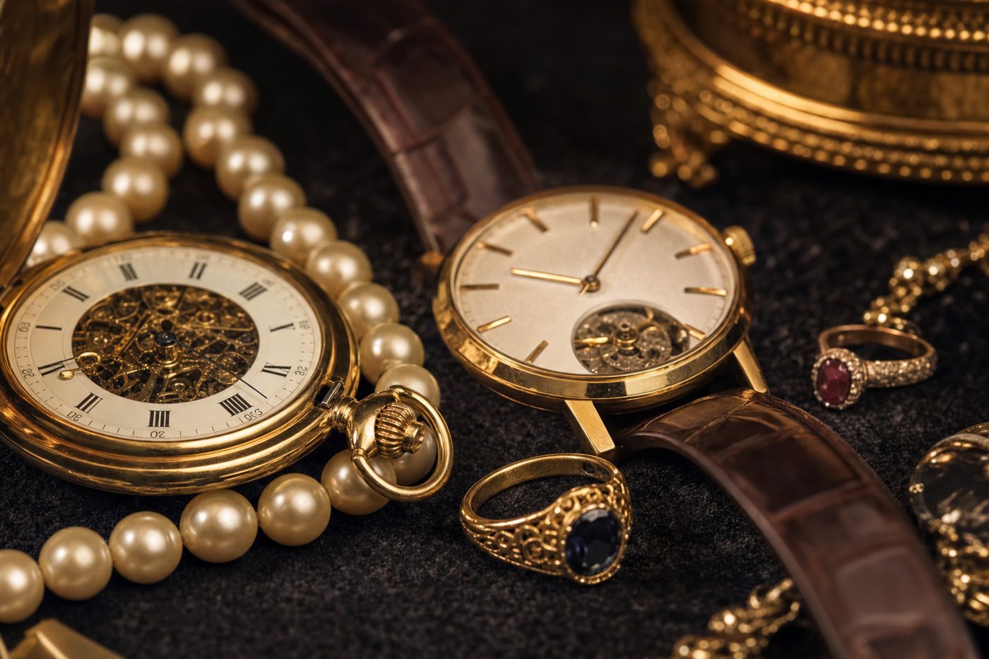 Goldschmuck, Perlen und Uhren auf dunklem Samt